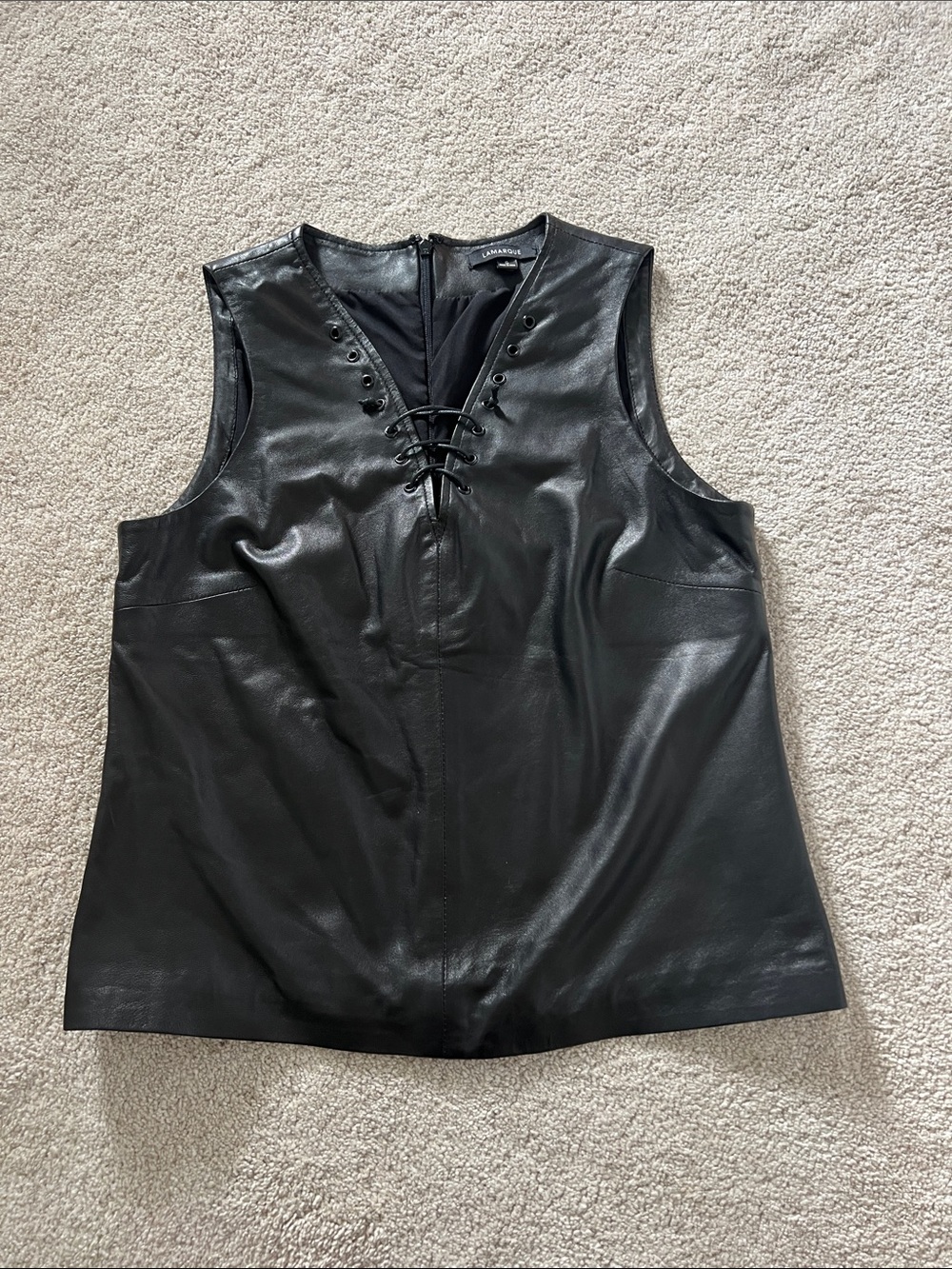 Lamarque Black Sleeveless genuine Leather V-Neck Tank top blouse shirt small